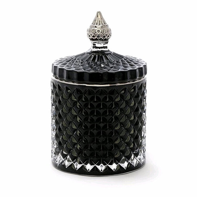 Black & Silver Glass Jar with Crystal Cut Design Lid - CRITERION